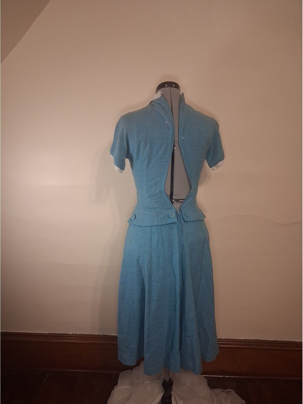 1940s Vintage Dress, Woven Blue Handmade Dress With Tie Academic Secretary Sz S - Picture 4 of 9